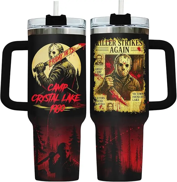 Friday the 13th Jason Voorhees 40oz Tumbler With Handle, Camp Crystal Lake Stainless Steel Travel Mug, Horror Movie Fan Insulated Coffee Cup, Slasher Collector Gift, Jason Mask Tumbler, Spooky Autumn Gift