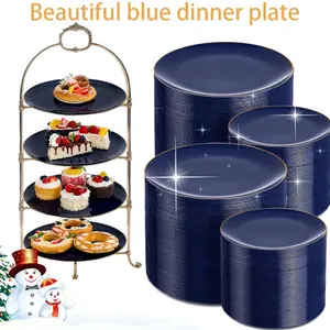 40pcs Blue Gold Edge Decorative Plates Set, Reusable Dinnerware for Tea Parties, Christmas, Ballroom Dance, Perfect for Any Occasion!