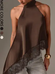 1 Piece Women's Black Satin Halter Top Womenswear, Asymmetric Lace Hem, Flowy Fit for Romantic Evening Outfits
