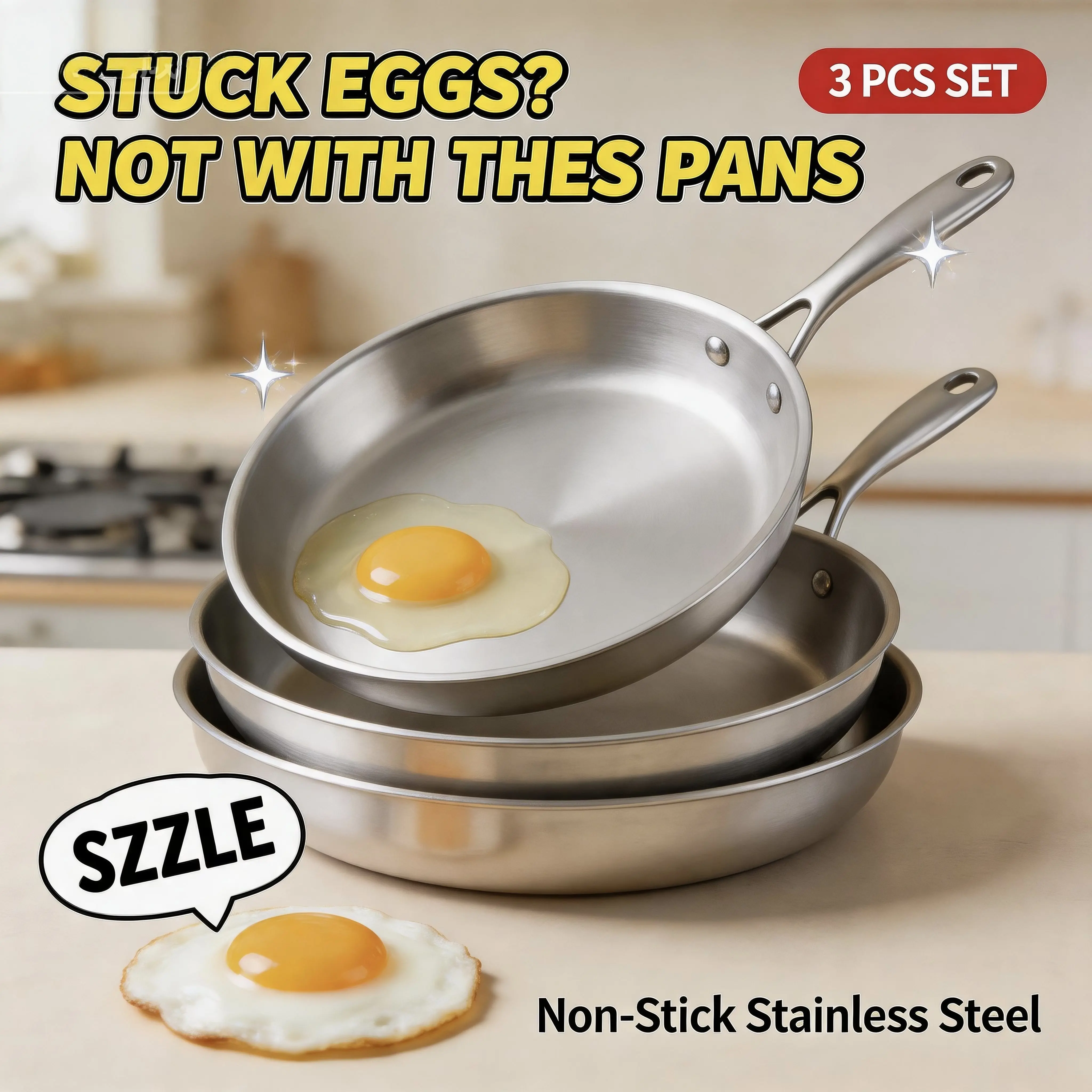 LVABZ 3PCS Round Stainless Steel Frying Skillet Cookware Set - Durable, Easy-Clean, Heavy-Duty, Fast Even Heating Kitchen Essential, Compatible with Gas Stoves/Induction Cookers, Dishwasher/Oven Safe