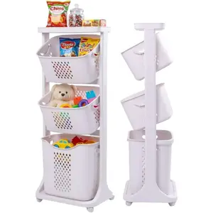 Japard 83 Litres Rolling Laundry Hamper Ultra Slim, Vertical 3 Sorter Cart with Wheels and Breaks, 3-tier Baskets Detachable for Dorm, Closet, Easy Assembly White Gray