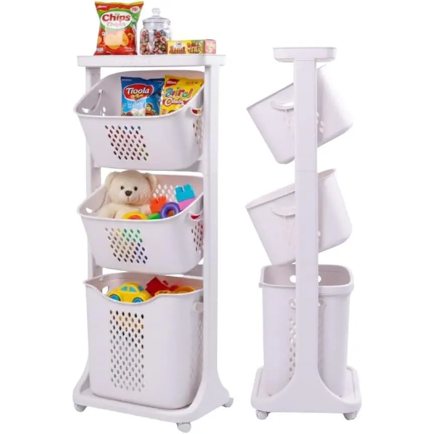 Japard 83 Litres Rolling Laundry Hamper Ultra Slim, Vertical 3 Sorter Cart with Wheels and Breaks, 3-tier Baskets Detachable for Dorm, Closet, Easy Assembly White Gray
