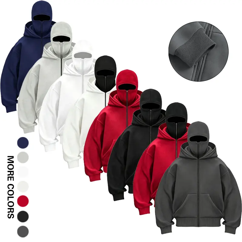 Men Women Balaclava Hoodie Full Zip Up Double Hood Oversized Streetwear Hooded Sweatshirt Multi Colors