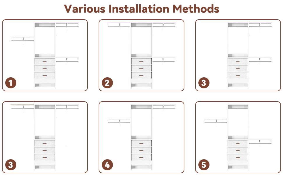 Cyclysio 60'' W Closet System with Drawers ＆ Hanging Rods, 5FT Sturdy Walk-In Closet Organizer System Wardrobe Garment Rack with 3 Adjustable Shelves