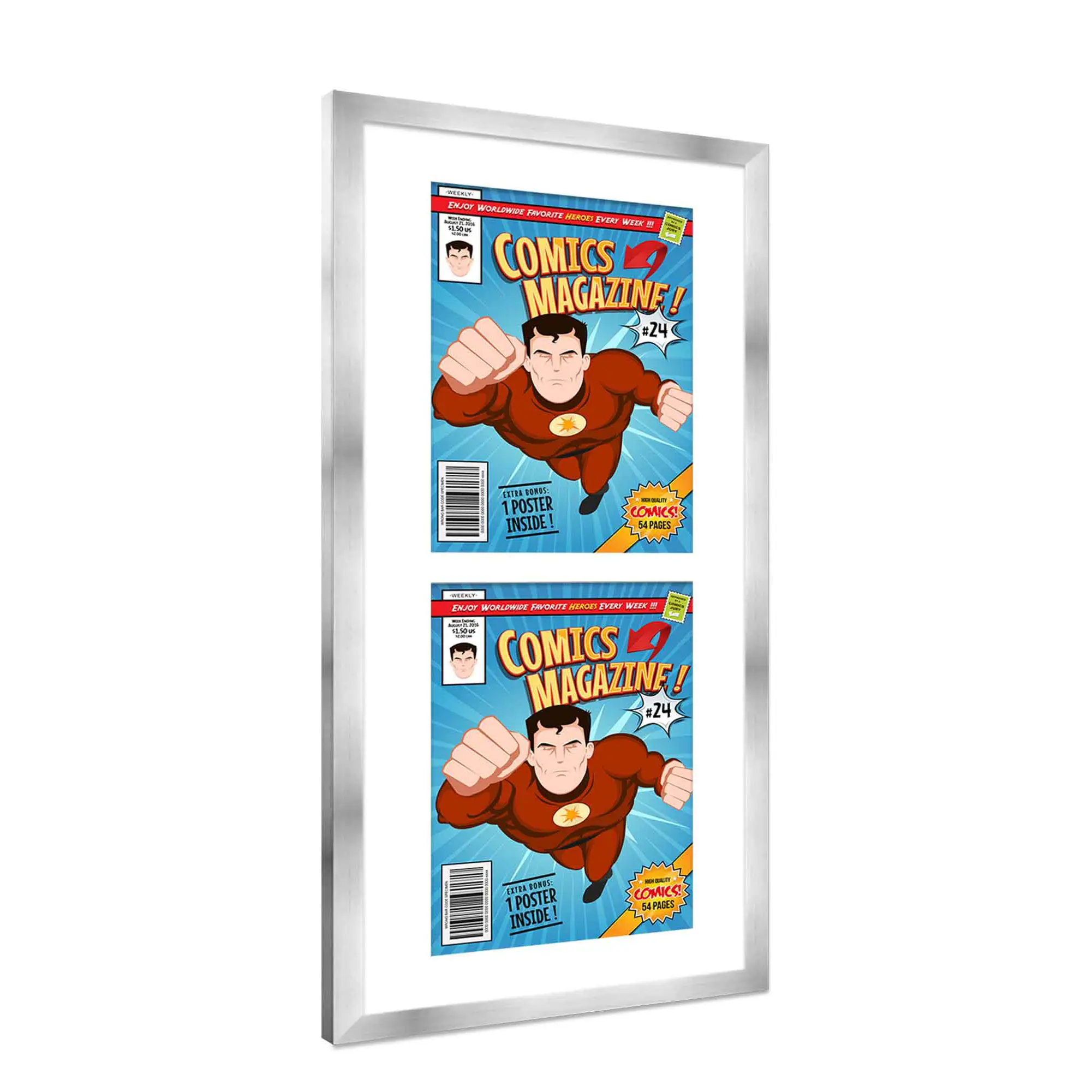 Comic Book Frame with Mat for 2 Silver Age Comics Published Between 1956 and 1970 - Silver Wood Comic Frame With White Mat for 7.125x10.5 Comics - 11.25x24 Frame Size