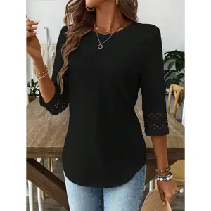 EMERY ROSE Women Solid Color Casual Crew Neck Hollow Out Sleeve Tee Graphic Tees Women Tops
