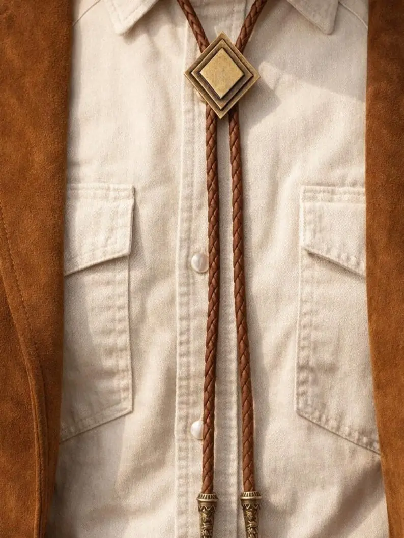 Brass Diamond Bolo Tie : Brown Leather Cowboy Necktie