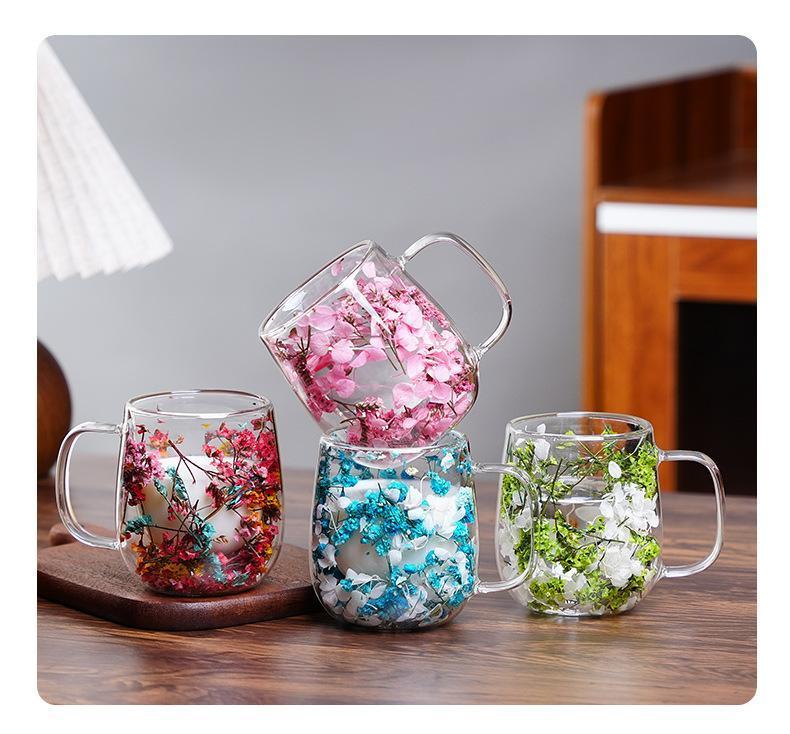 Double Glass Flower Tea Cup, 250ml Double Wall Glass Coffee Cup, Insulated Transparent Cup with Dried Flowers, Heat Resistant Drinkware Tumbler, New Year Gift.The top choice for Mothers Day Gift