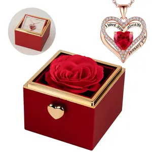 【With Necklace】Mountova Valentine's Day Red Rose Box with Automatic Flip Jewelry Holder Love Necklace Pink Cake Surprise Set for Girlfriend Mom Anniversary Present Ideal for Special Occasions