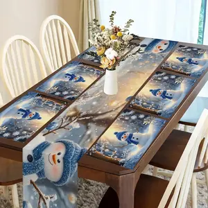 1 piece/5 piece set/7 piece set, Christmas snowman winter holiday pattern table cloth+placemat set, holiday kitchen table accessories, seasonal family gathering decoration, indoor and outdoor celebration accessories, daily use, Coffee Table Mat