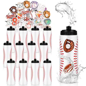 12 PCS Baseball Water Bottle Bulk with 300 PCS Stickers, 20 OZ Plastic Reusable Baseball Water Bottles for Boys, Squeeze Water Bottles Sports for Baseball Team, Sports Bottles Squeeze for Gym
