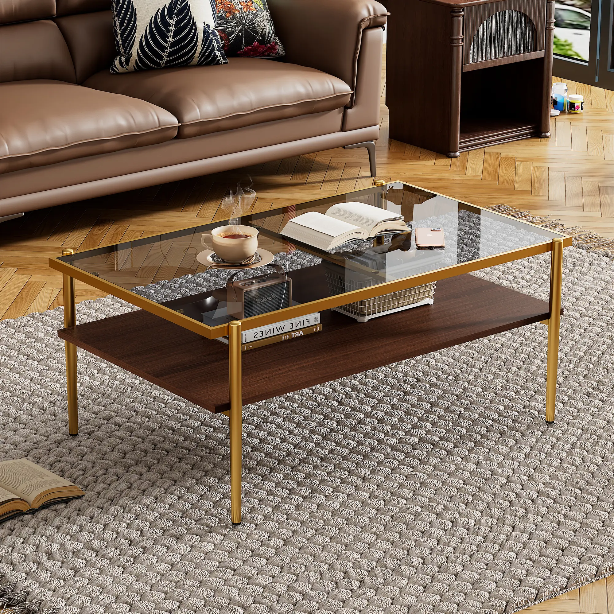 Modern Rectangle Tempered Glass Coffee Table - Double-Layer Clear Glass Center Table with Metal Frame, Durable Sturdy Build, Easy to Clean for Living Room, Home Decor Essential contemporary
