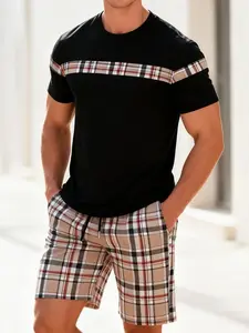 Men's Plaid Checked Patchwork Casual Loose Two-Piece Set, Menswear Short Sleeve Round Neck T-Shirt & Plaid Drawstring Shorts, Soft Breathable Fabric, Casual Outfit Set