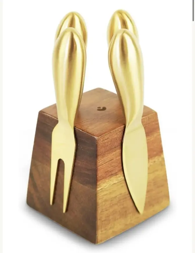 Slice of Goodness Original Cheese Knife Set - 4 Small Stainless Steel Charcuterie Board Utensils with Magnetic Acacia Wood Holder - GOLD Stainless Ste