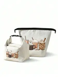 Ins-style portable insulated Tote Lunch Bag - Canvas leak-proof lunch bag with cute milk tea cup design, zipper, and adjustable shoulder strap; reusable cooler bag with food-grade PEVA lining, ice pack pocket, and easy-to-clean waterproof exterior