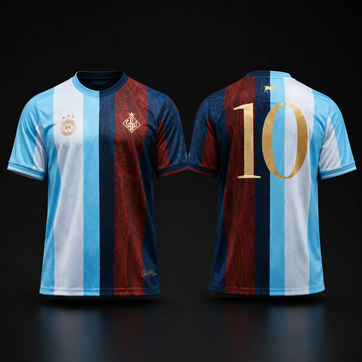 La Pulga Ultimate Dual Heritage Soccer Jersey, Sky Blue & Burgundy Number 10 Football Shirt, 3D Fan Sports Top