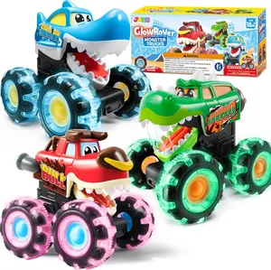 JOYIN 3 Pack Monster Truck Toy - Motion Activated Light Up Cars for Toddlers - Monster Glow Rover LED Wheels - Baby Boy Toys - Press and Go Dinosaur Trucks for Kids Valentines Day Gift Birthday Gifts