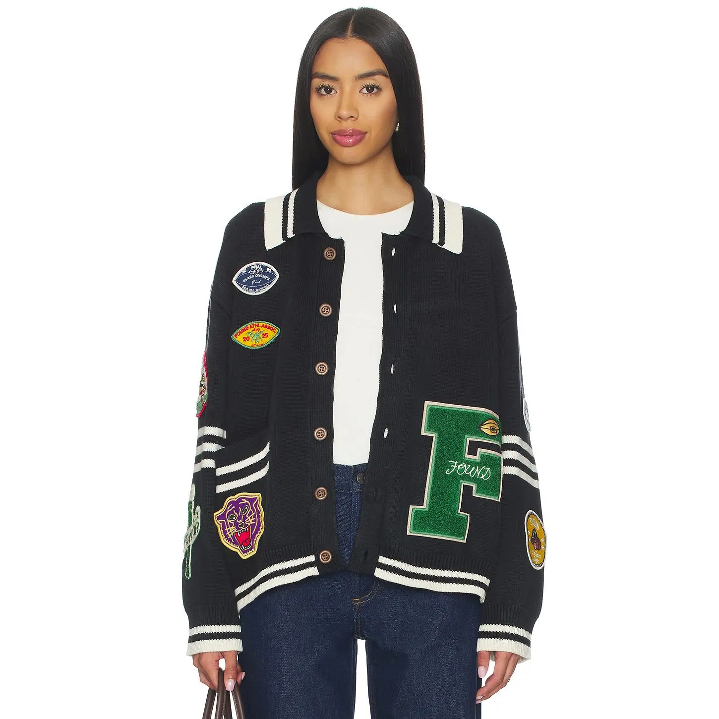 Found Varsity Patch Collared Cardigan in Vintage Black