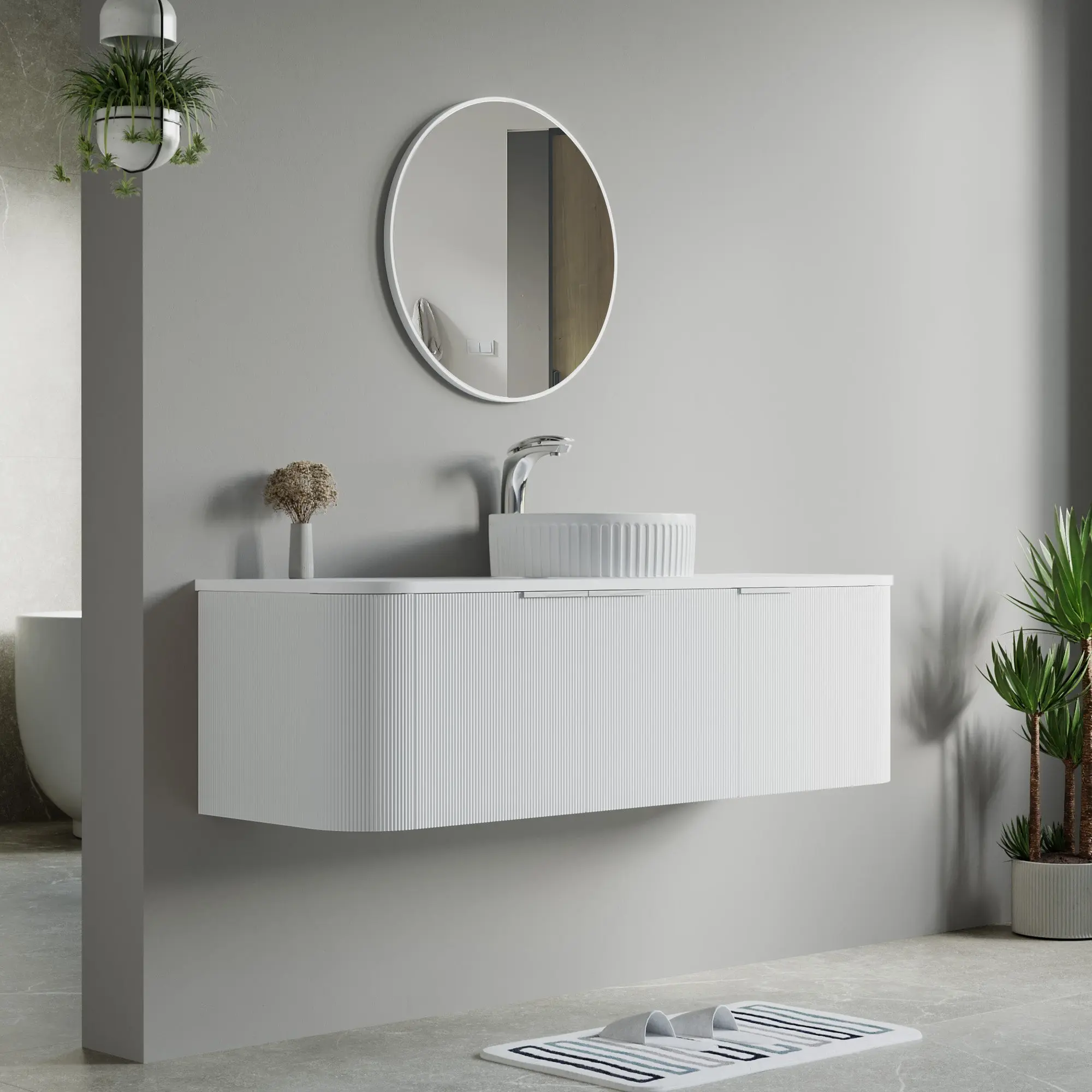 Dowell 60" Wall-Mounted/Floating Fluted Bathroom Vanity Combination Set - One 48" Fluted Base Vanity, Two Fluted Arc Sides, One Sintered Stone Top, One/Two One Fluted Vessel Sinks - 032 60R Series