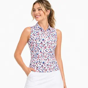 American Flag Donut Pattern Sleeveless Polo Shirt For Women, Patriotic Golf Shirt, Ladies 4th of July Golf Top