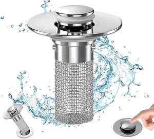 1 pcs Pop-Up Bathroom Sink Drain Strainer, Stainless Steel Hair Catcher Basket with Brass Drain Plug, Universal Fit for US Bathroom Sinks, Bathtubs, Showers & Floor Drains,Summervibes