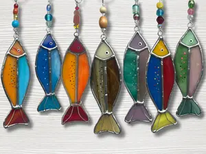 Handmade Stained Glass Fish Car Charm– Colorful Sun-Catcher with Beaded Accent | Coastal Decor | Gift for Beach Lovers | Ocean Window Hanging