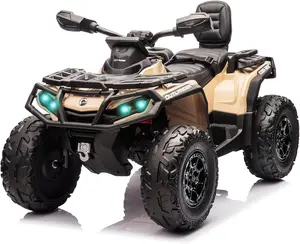 【Christmas Gift】Brown 12V Kids Electric ATV With Two Leather Seats Bluetooth Music Led Lights Adjustable Speeds And Durable Tires For Ages 3 To 8 Brown