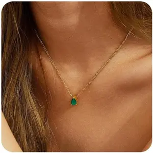 Diamond Birthstone Necklace for Women Dainty Gold Necklaces 14K Gold Plated Cubic Zirconia Tearderop Pendant Necklace Red Emerald Blue CZ Choker Necklace Trendy Jewelry Birthday Gift