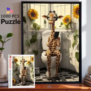 Funny Giraffe Bathroom Scene 1000 Pieces Jigsaw Puzzle Relaxing Family Game for Brain Exercise Stress Relief Humorous Animal Art Challenging Adult Puzzle Unique Wall Décor Creative Gift for Friends and Seniors 27.5x20inch 70x50cm Jigsaw Puzzle