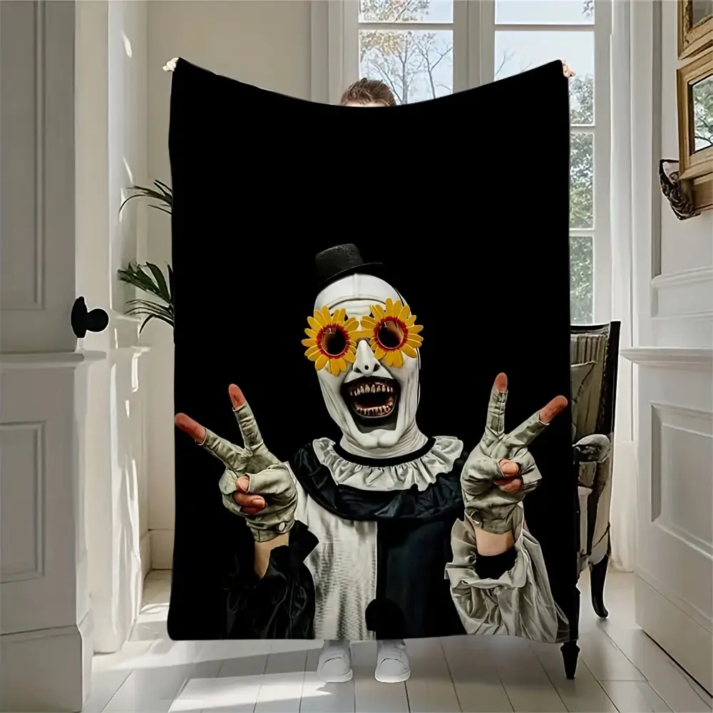 Terrifier Art the Clown Horror Movie Bedspread Throw Blanket, Classic Soft Breathable Wrinkle-Resistant, Iconic White Hair Black Red Clown Print, Machine Washable, All-Seasons Bedding for Fans Thanksgiving Christmas Gift