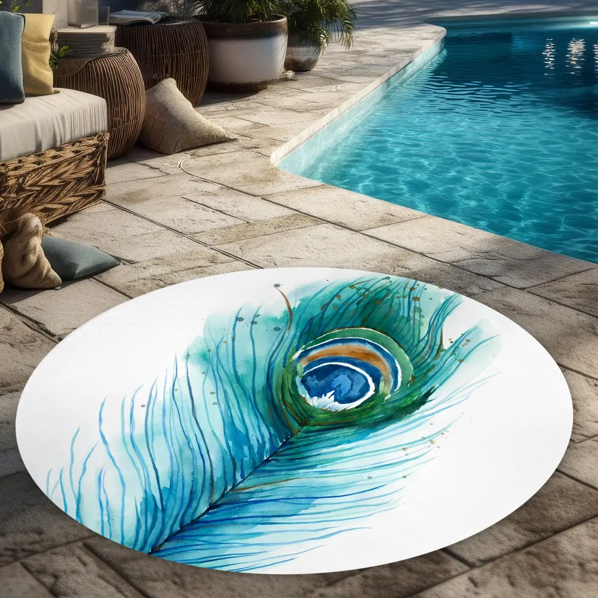 360 Stand Decorative Durable Modern Polyester Indoor Outdoor Round Peacock Feather Rug - 5x5 ft Nature Theme Vibrant Print, for Bedroom/Patio Home Decor, Model C1COAR55QXDX9Y, Decorative Area Rug, Durable Area Rugs