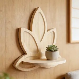 Rustic Wood Holder Wall Decor, Zen Floating Shelf Wooden Lotus Wall Shelf, Bohemian Curved Leaf Design, Minimalist Wall-Mounted Storage Shelf, Pine Wood Material, Natural Home Decor