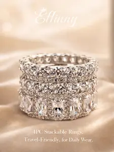 Effinny 925 Sterling Silver 10.0ct Cushion Cut 3PCS/4PCS Stackable Wedding Band Ring Set, No Tarnish Full Eternity Churumbela Jewelry Set for Travel, Daily