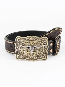 Boho Style Cowboy Western Belt, Textured Belt, Vintage Style Buckles Belt for Men & Women, Casual Fashion Accessories for Daily Wear, Trendy All-match & Exquisite Belt for Birthday Gift, Stylish Belts, Design Belt