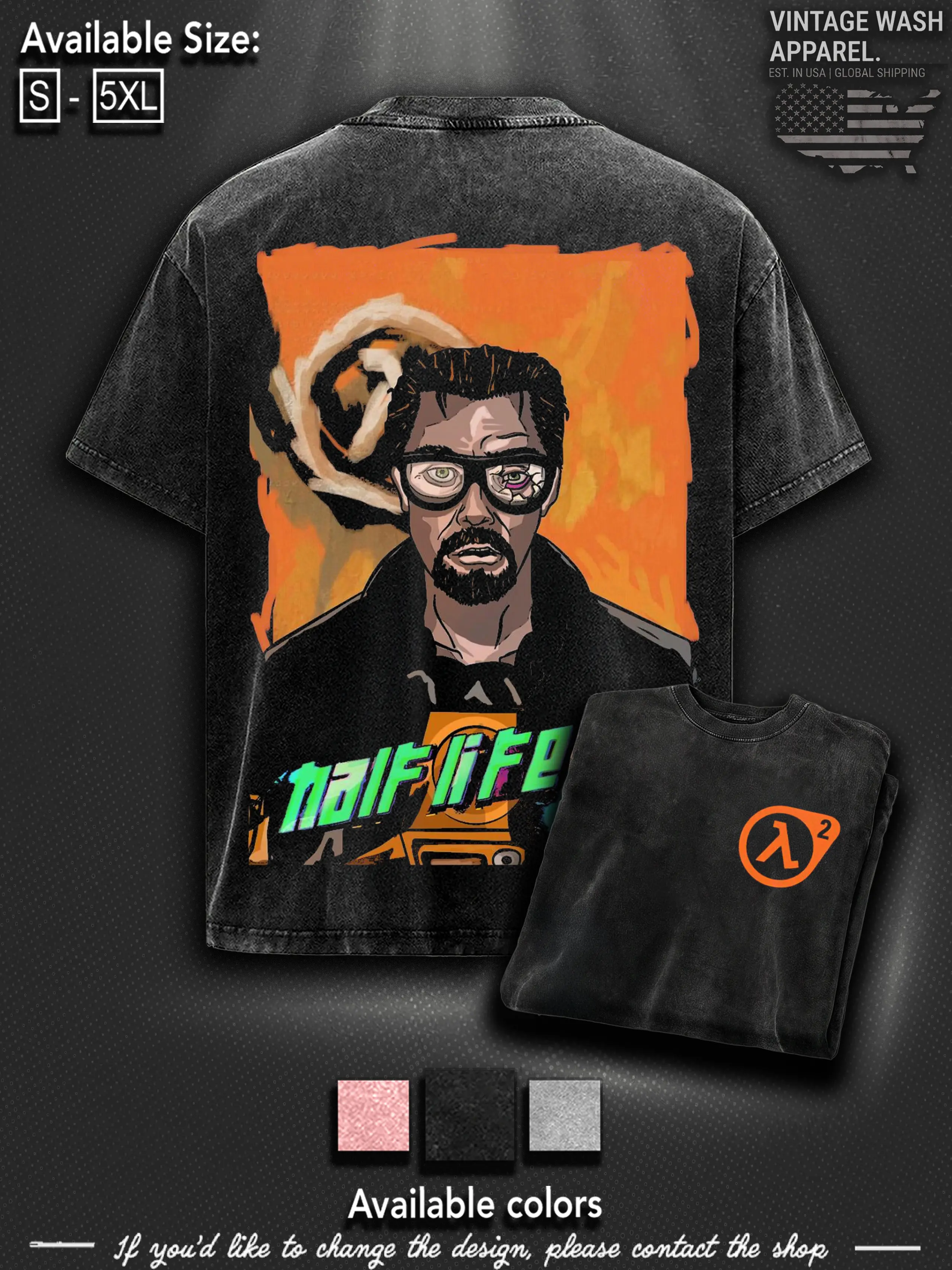 Half-life 2 Washed Unisex Graphic Tees, Casual Crewneck Short Sleeve Washed Tshirt 2 Sided Cotton unisex graphic tees gamer merch, Black Cotton Tee