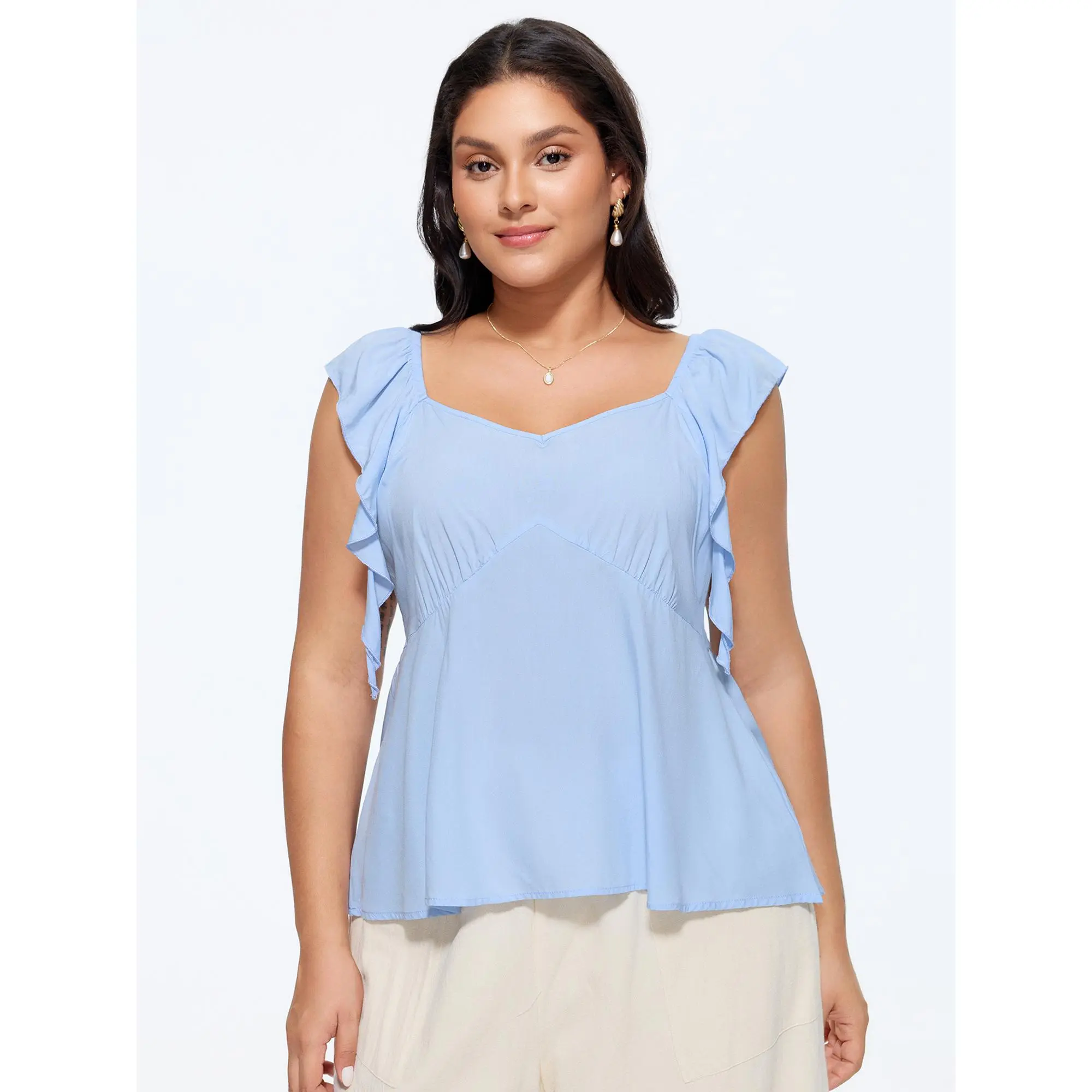 BloomChic Women's Plus Size Timeless Rayon Blouse, Minimalist Solid Fit-and-Flare Cropped Top with Cap Sleeves and a Smocked Back, Garment, Basic, Fabric, Plus Size Tops, Machine Wash, Plain, Casual, Fitted, Smocked Detail, Classic, 18-20/2X, All Seasons,