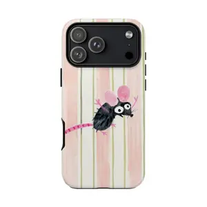 Cute Cartoon Mouse Tough Phone Case with Pink Stripes, Fun and Stylish Protection, gift for him for her, stripe line