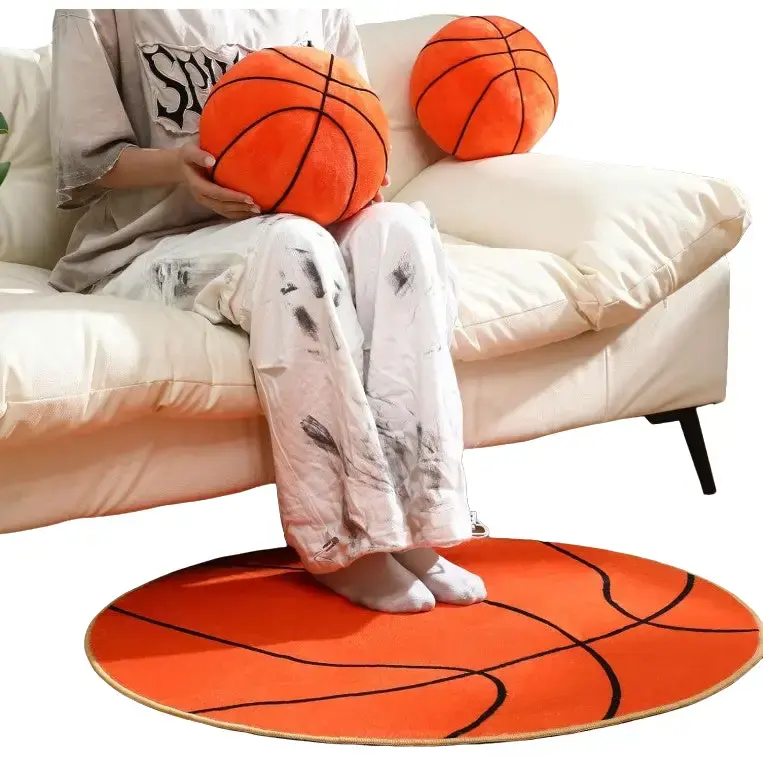 3 Piece Wrinkle Resistant Traditional Basketball Plush Pillows & Basketball Area Rug Set, Stuffed Fluffy Soft Sports Throw Pillows & Round Mat for Room, Ideal for Christmas, Birthday Gifts