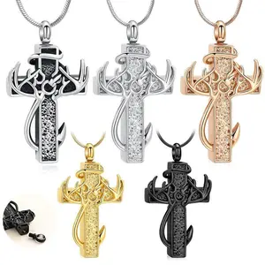 Stainless Steel Deer Antler Cross Ash Pendant Memorial Loved Ones Pet Ashes Hair Necklace Openable Ash Urn special version
