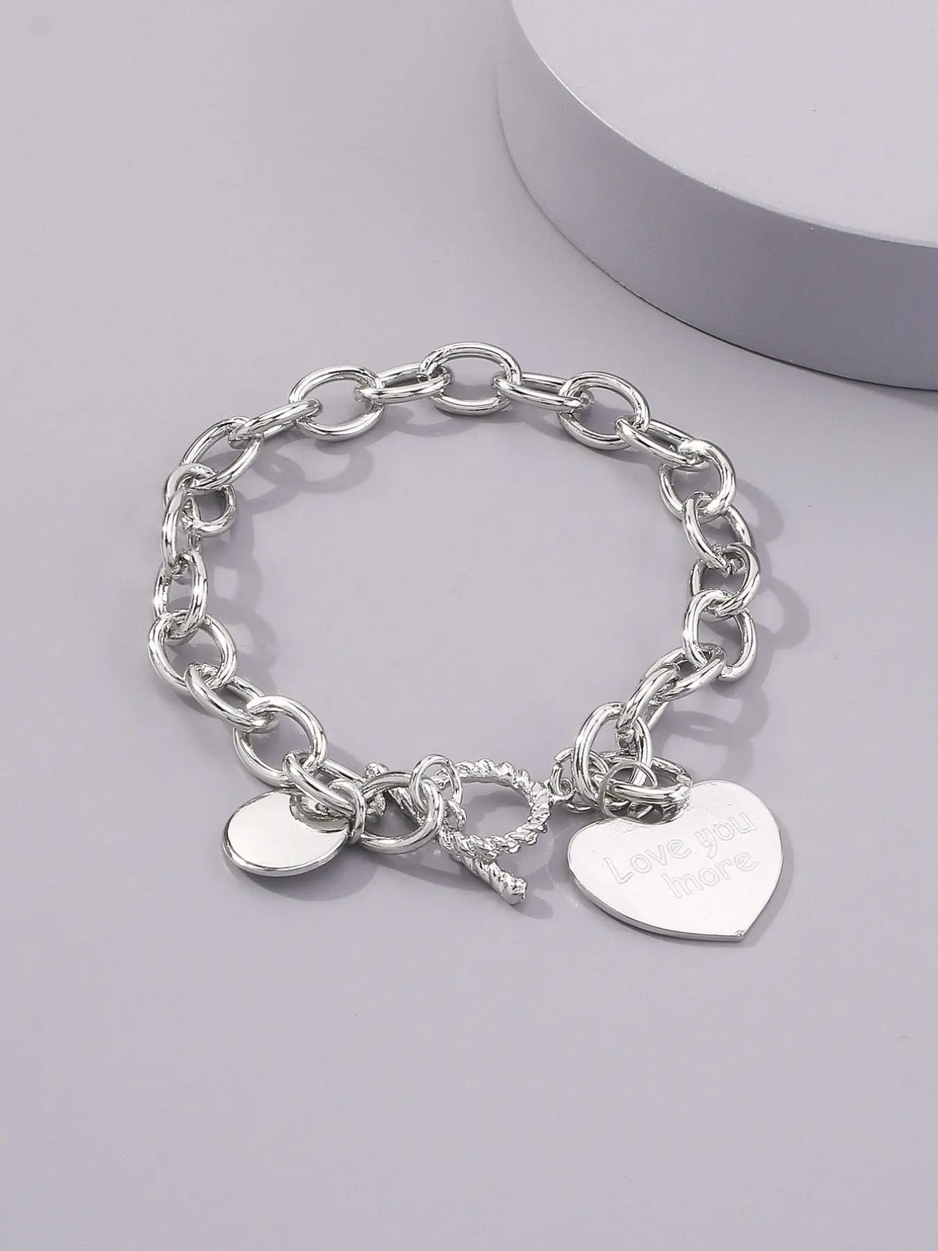 Silver Color Heart Pendant Hand Chain Bracelet, Engraved 'love You More' Ot Clasp, Y2K Sweet Cool Style Jewelry, Casual All-Season Accessory, Bracelets Jewelry