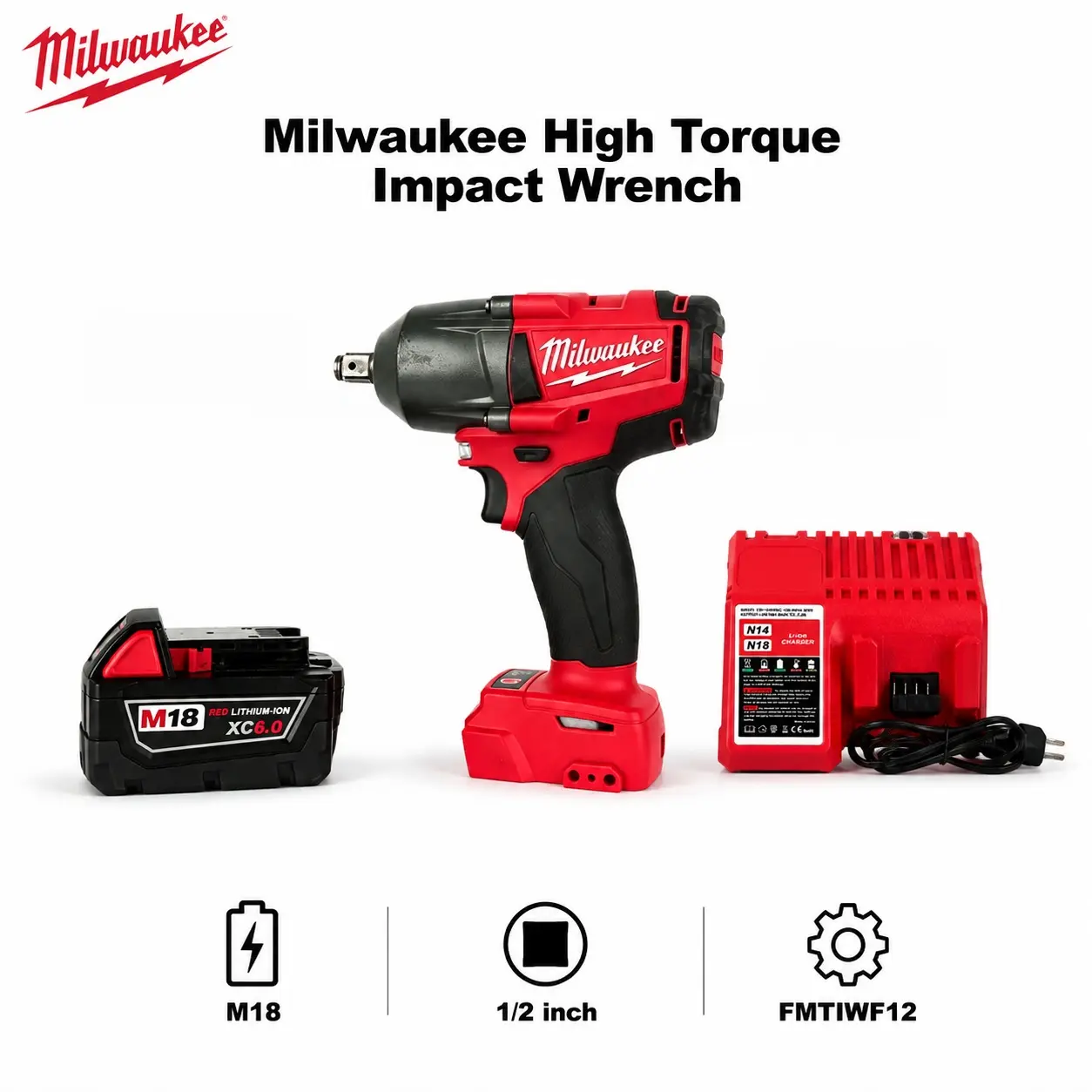Milwaukee M18 FMTIWF12 18V Cordless High-Torque Impact Wrench, 1/2 in Square Drive Anvil, Triple-Speed Operation, 900Nm Max Disassembly Torque, Compatible with M22 Standard Bolts for Mechanical Service, On-Site Trade