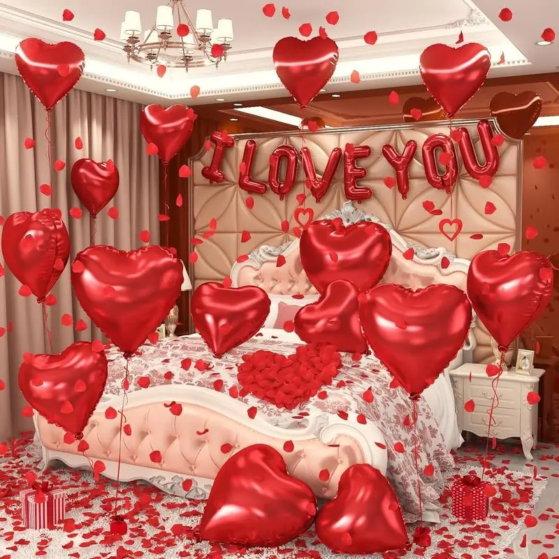 1000PCS I Love You Balloons & Red Rose Petals, Balloon Set, Valentines Balloons, Valentine’s Day Heart Foil Mylar Balloons for Wedding, Anniversary, Engagement, Mother's Day & Romantic Party Decorations