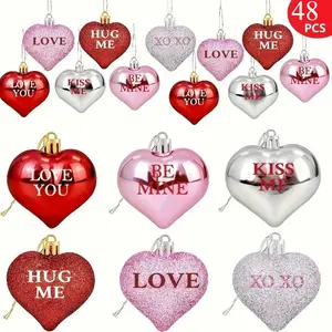 12pcs/48pcs Valentine's Day Printed Heart Decorative Pendant - Valentine's Day Decorations - Red, Pink, Silver Hanging Trinkets, Suitable for Family Christmas Tree - Valentine's Day Heart-shaped Decorations - Christmas Tree Hanging Decorations