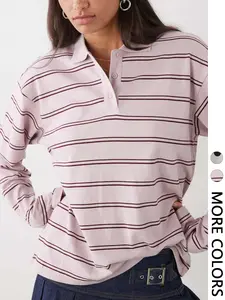 Women's Polo Neck Button Long Sleeve Casual Loose Fit Commuter Home Striped T-Shirt, Comfortable and Stylish Daily Wear, Perfect for Office and Home