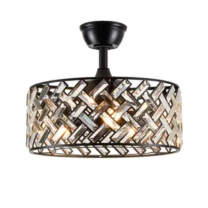 18'' Crystal Cage Ceiling Fan With Remote Control ,Quiet  Motor Fan Light ,, Indoor Crystal Chandelier Ceiling Fan For Bedroom, Living room, Dinning Room, Kids Room--Matte Black (bulbs not included.)