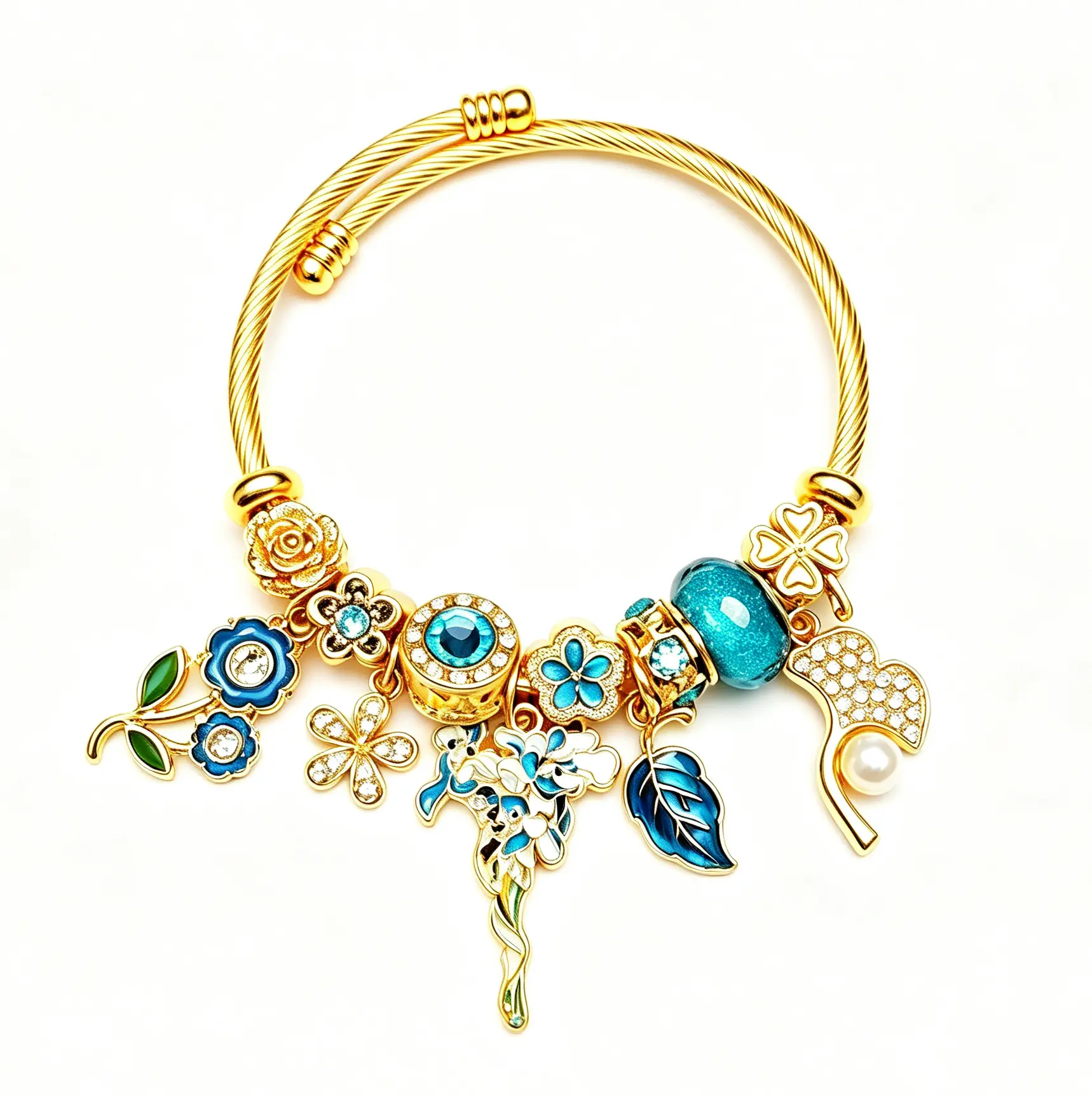 Gold Adjustable Cable Wire Charm Bangle Bracelet, Enamel Blue Flower Leaf Pearl Crystal Beaded Bracelet, Vintage Floral Jewelry Gift for Women