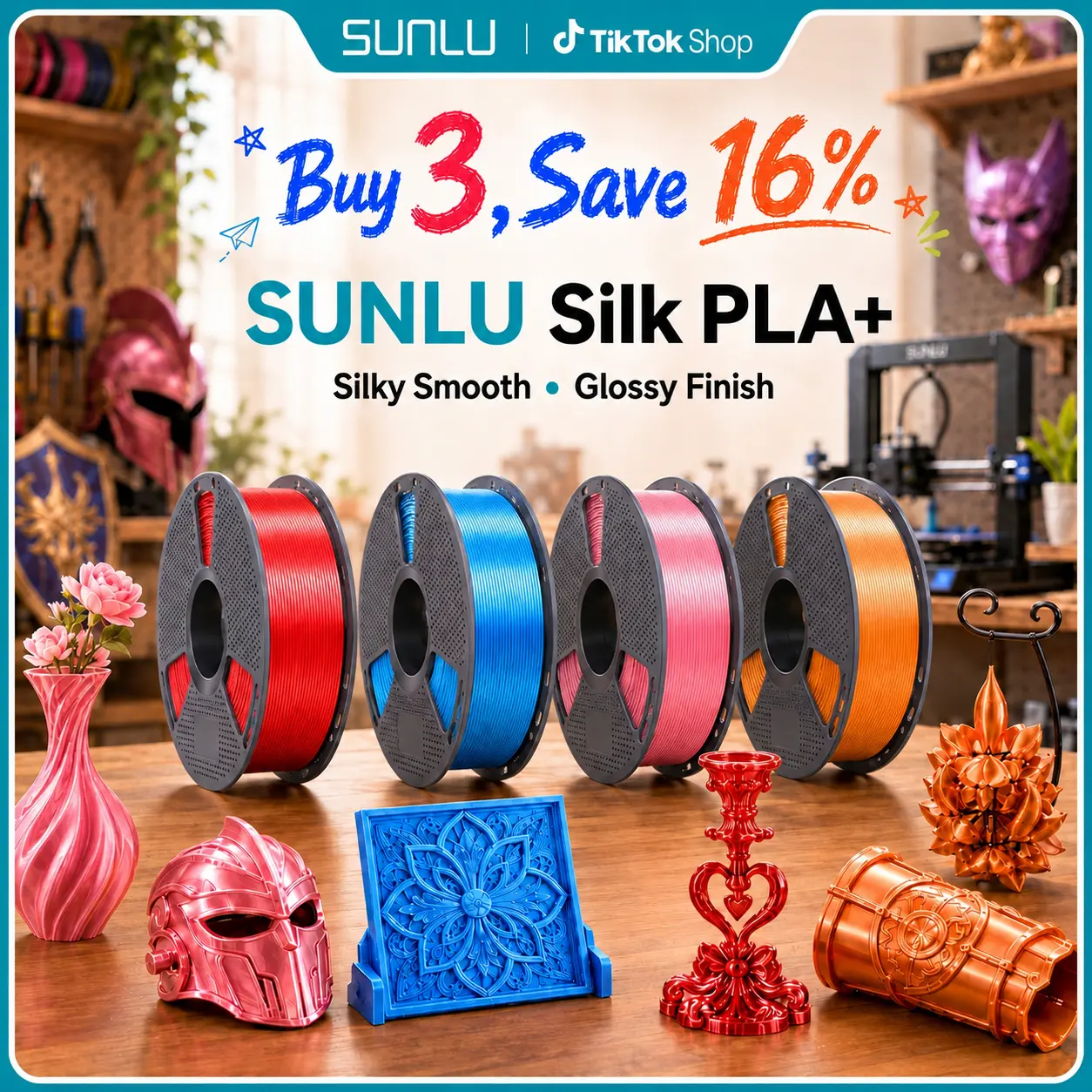 SUNLU Silk PLA+ 3D Printer Filament, 3d printer supplies, 1KG, 1.75mm, Back to School, Ultra-Glossy Silk Finish, Premium Aesthetic Colors, Beginner-Friendly for DIY Crafts & Art Projects,back to school,back to school haul