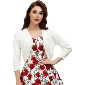 Womens 3/4 Sleeve Bolero Shrug Open Front Knit Cropped Cardigan