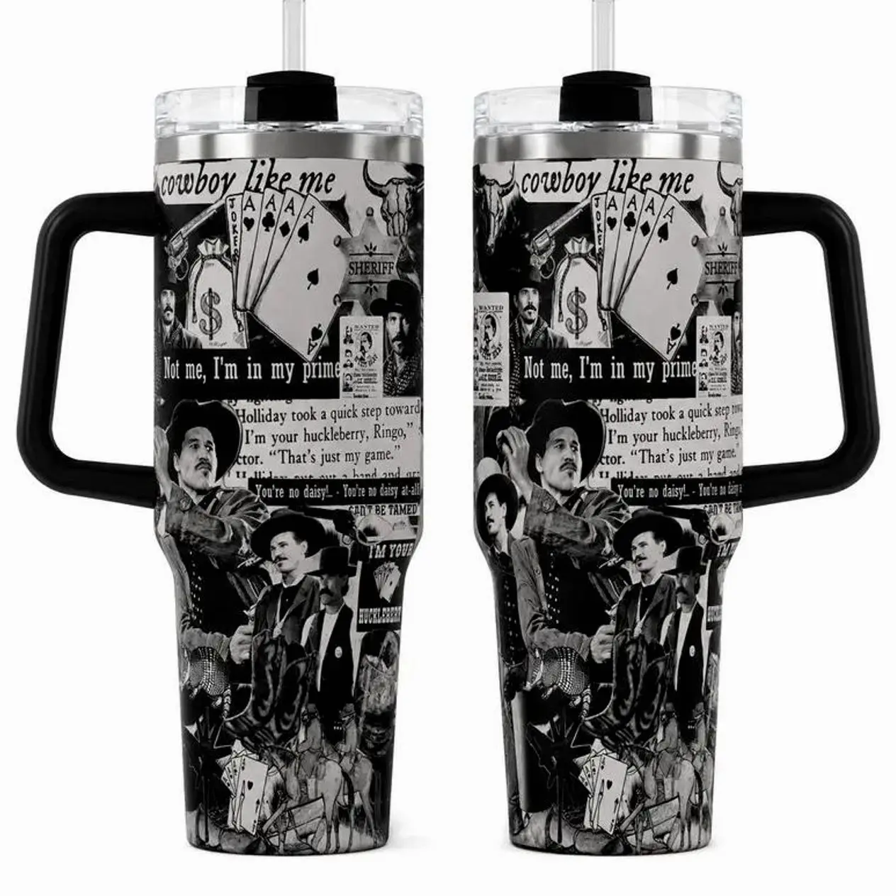 Doc Holliday Tumbler 40oz 30oz, Cowboy Like Me Western Movie Travel Cup, Vintage Collage Drinkware With Handle and Straw, Huckleberry Cowboy Fan Gift