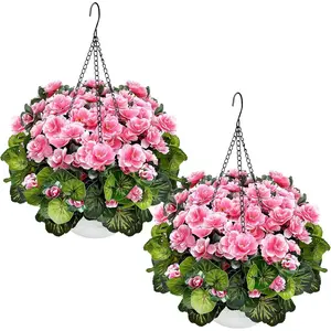 2 Sets Artificial Hanging Baskets Flowers for Outdoors, Already Assembly Silk Flower with Hanging Baskets UV Resistant Realistic for Spring Summer Garden Porch Yard Patio Outside Decor,